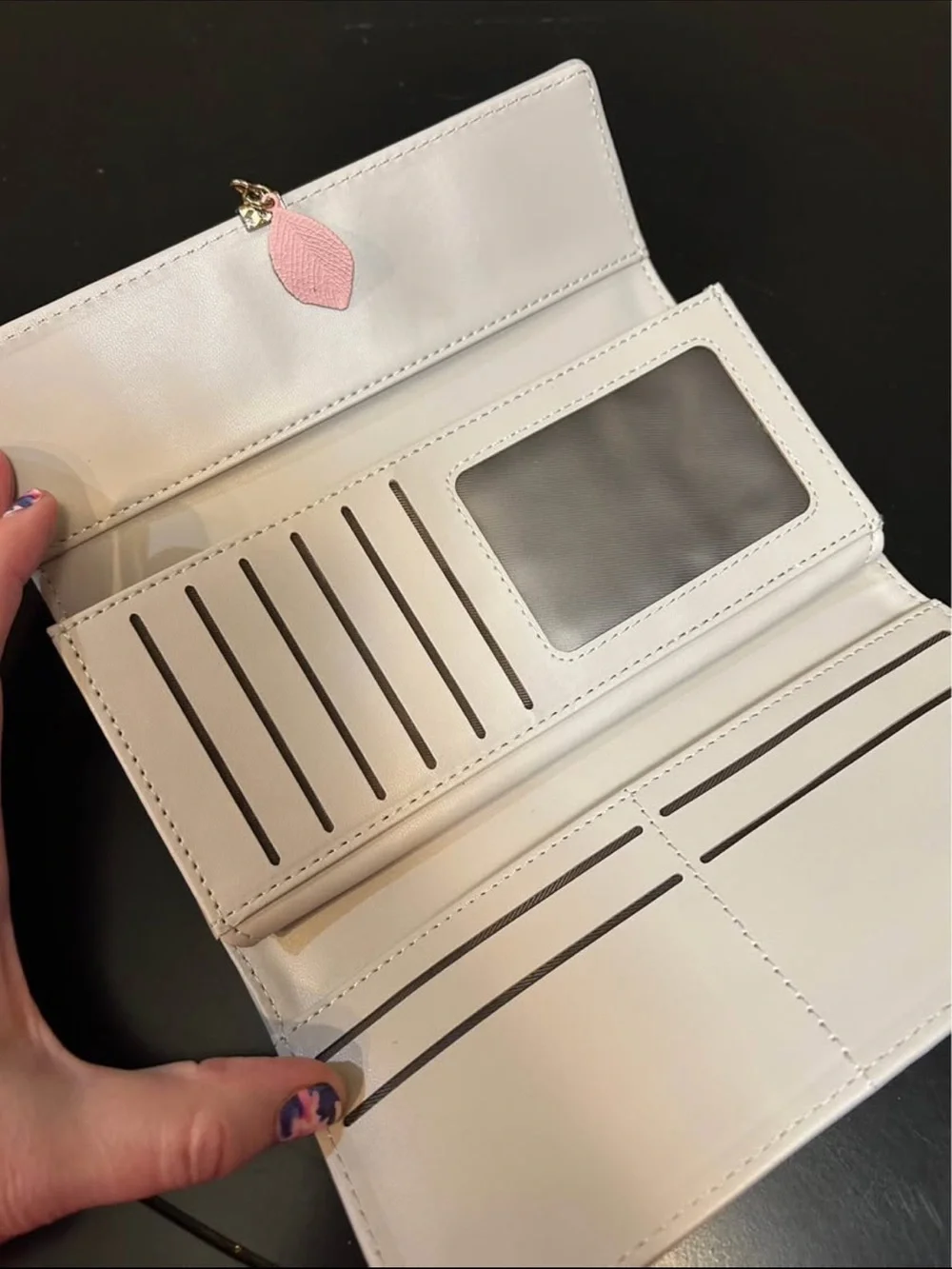 Women's light gray Clutch Wallet with Pink Leaf Charm